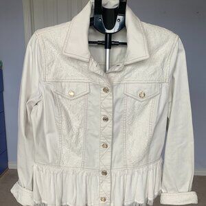 Chico’s Women’s Sz 2 (L) White Lace Denim Jacket Button Front Peplum Hem Fringe